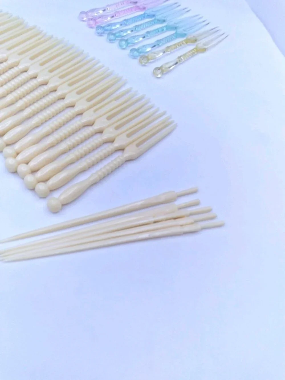 hors d'oeuvre fork tooth picks ivory tone and multicolored plastic vintage